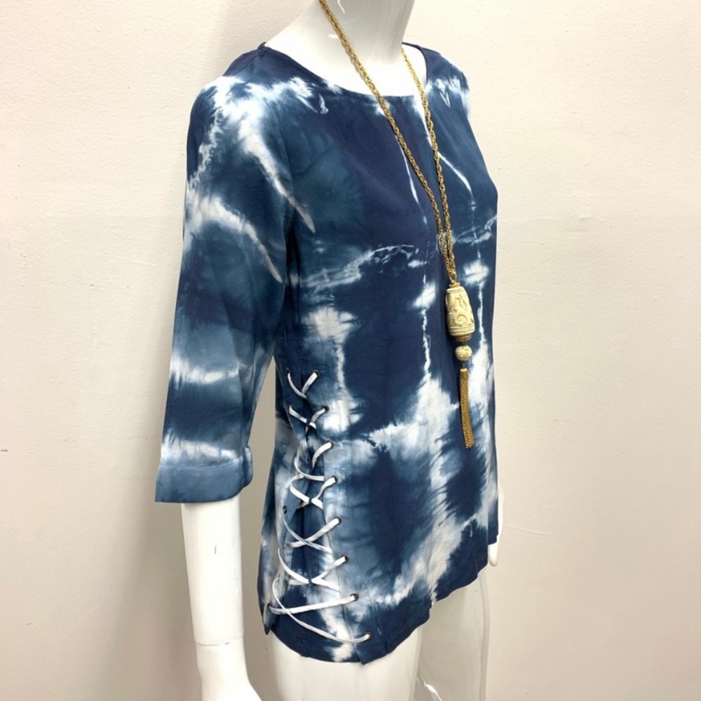 Gypsy 05 || Blue/White Silk Tie Dye SideTie Blouse - Picture 3 of 6